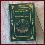 close up of front image of Modular Realms Wizards Spell Book, packaging to store your gaming terrain in hidden conveniently on your bookshelf